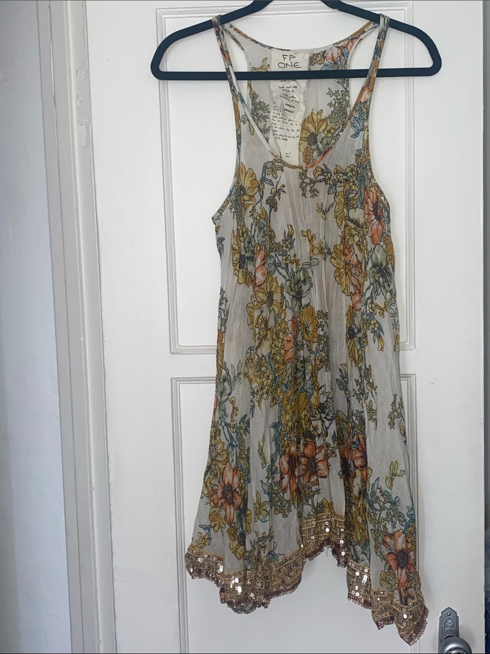 Free People One Floral Sequin Hem Slip Dress Cream with Yellow & Orange 
Size S